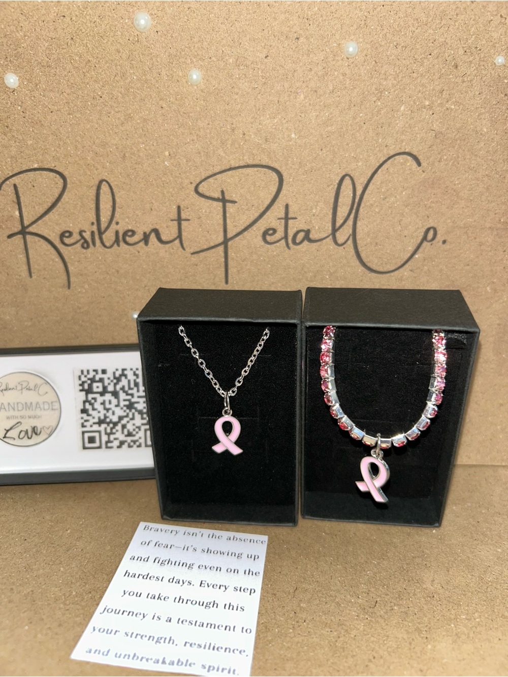 Pink Ribbon Necklace and Bracelet Set